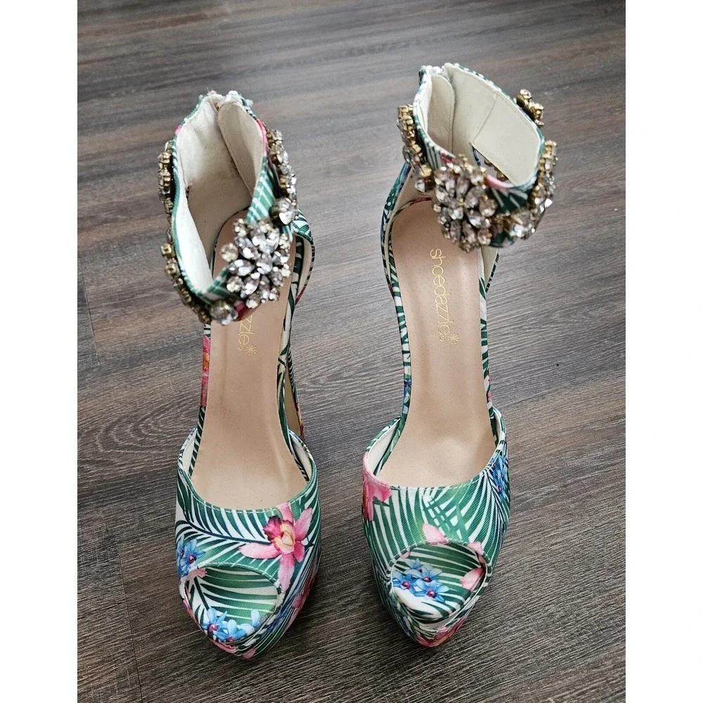 ShoeDazzle Platform Heels Womens‎ 6.5 Green Nayana Floral Crystal Embellished